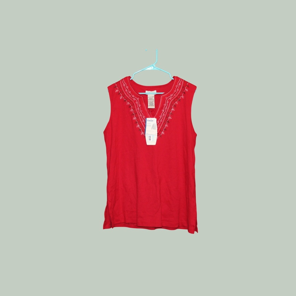 White Stag Red Embroidered V-Neck Sleeveless Cotton Tank Top XL 16-18 NWT